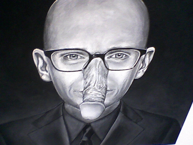 This is a better likeness of Kara Maria's work, featuring the rock star Moby equipped with special penetrating x-ray specs, well hung or hung low at Smith-Andersen, summer 2012. I was going to try to sell the piece to Moby's team, via my acquaintance Mocean Worker, Adam Dorn, son of the Masked Avenger -- see how that  links, thematically?