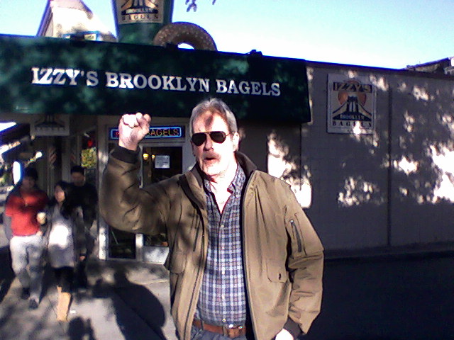 Mural artist and all around bad ass Greg Brown of Palo Alto is fired up about Izzy's bagel