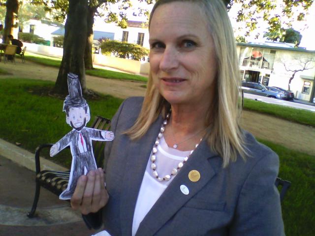 This belongs anywhere but here as Mona Simpson might say but here is Flat Stanley, from Springfield, IL, dressed as Abe Lincoln, with Palo Alto Mayor Nancy Shepherd