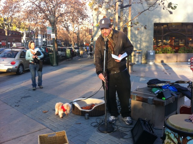 This is actually me, Mark Weiss, performing as Beat Hotel Rm 32, with Tommy Jordan (who took this), Dave Hydie, that guy with the custom painted congas, and Buttons, Dec. 2011