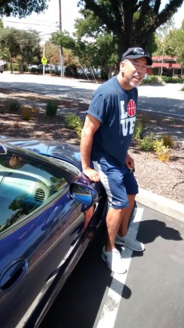 Hans Delannoy, his blue vette, at Charleston Center, August, 2014
