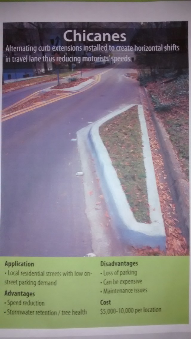 Chicanes like the ones on Park Boulevard near Margarita in Ventura neighborhood in Palo Alto were one of 40 design elements described at a bike boulevard workshop Tuesday with Alta Planning. There were more displays than people however