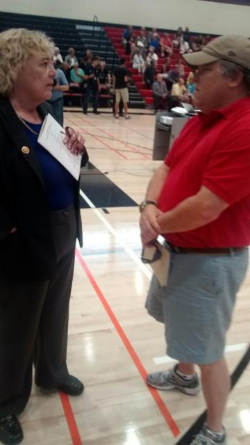 Congressperson Zoe Lofgren and former elected water official Greg Zlotnick both Gunn grads, at the school 50-year-50-class event, fall 2014 photo by mbw14