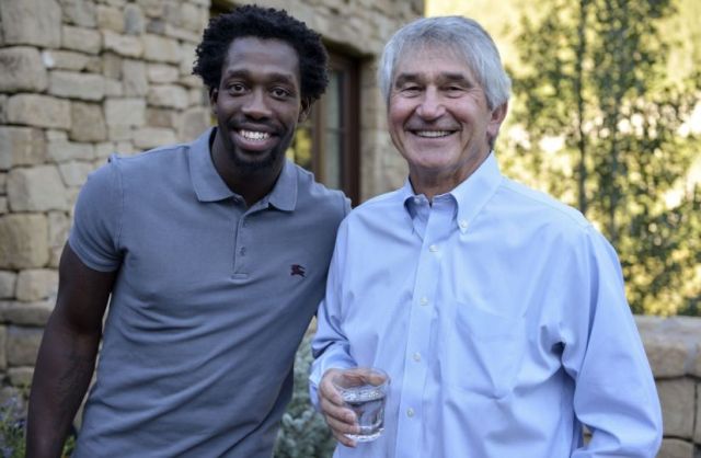 recent photo of Dartmouth football legend J. Murry Bowden, with basketball Houston current player Beverley -- they lost to Warriors 2 nights ago, and reminds me repressed memory of 3 hours ago, that Pete Broberg once held Dr. J to 11 points only