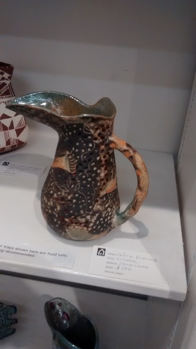 Lovely and intricate, like its creator, this stoneware vessal, by Celma Kirkwood, Brazilian, only $140 at Galley on Cali or here in cyber s p ace rhymes with glaze