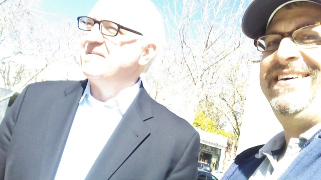 Reunion of two former editors of The Dartmouth, Paul Gigot '77 of WSJ and Mark Weiss '86( actually Literary Director to Paul's E-in-C earlier) of Plastic Alto blog, Lytton Plaza, February, 2015; Gigot was part of a Stanford D-School new media workshop
