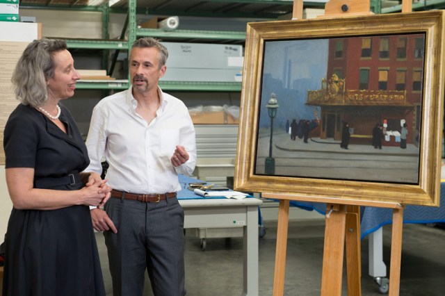 Connie Wolf, museum director and Alexander Nemerov, scholar and professor, with Cantor's new Hopper, photo by L.A. Cicero, via Stanford News Service