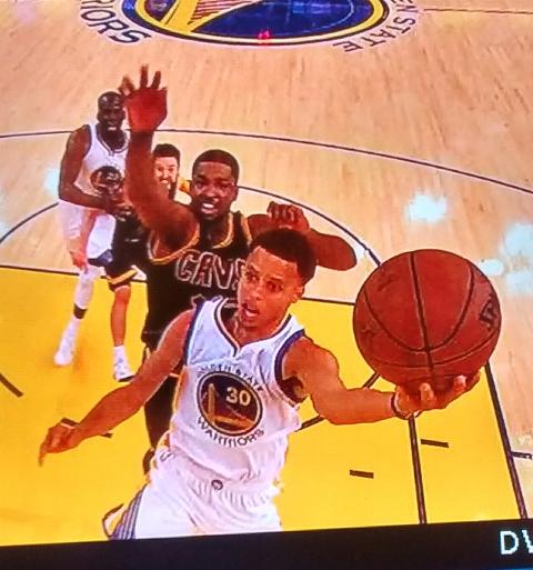 The announcer, watching the replay said "he's got the ball on a string" meaning amazing control of it, like  magician, and he jumped off the wrong foot to make this left hand layup, to make it 93-85 in Game 5, home, but setting up the chance to close out the Cavs tonite on the road; Cleveland rocks, you betcha.